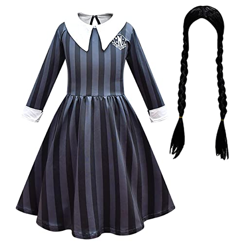 Disfraz de miércoles Addams para niños, disfraz de miércoles Addams para niñas con peluca, disfraz de carnaval, disfraces góticos de maquillaje para niños, vestido de fiesta, ropa de juego, regalos de Cover