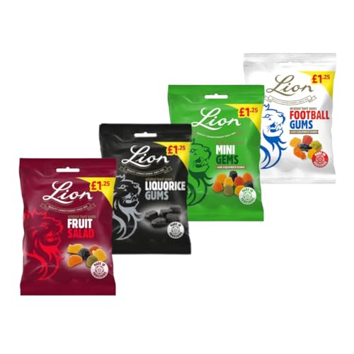 Lion Mini Gems Liquorice Gums Fruit Salad Football Gums Bags 130g (Pack of 4) Traditional Fruit Flavour Chewy Sweets