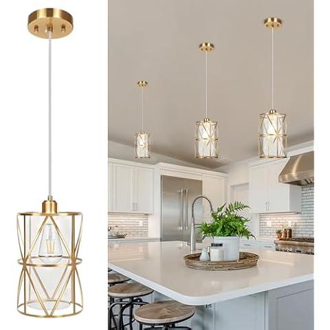 Zlierop 5.4"×7.9" Brushed Gold Pendant Light, Modern Kitchen Pendant Lighting Over Island, Pendant Lighting with Clear Glass Shade, Glass Pendant Lights Kitchen Island, Foyer, Dining Room, Entryway Cover