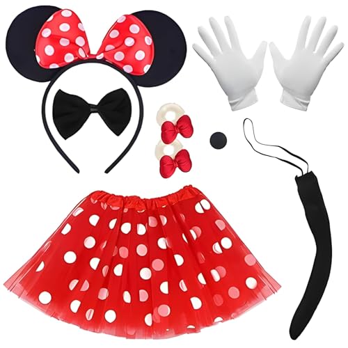 7-teiliges Maus-Kostüm für Kinder Weltbuchtagskostüme für Mädchen roter Tutu-Rock mit weißen Punkten Mausohren Stirnband + Nase + Schwanz Fliege Handschuhe Haarreif Faschingskostüme für Party