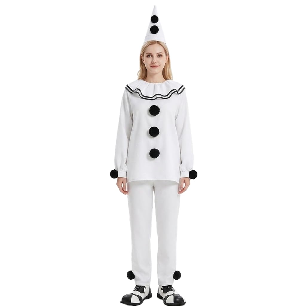 Damski kostium Pierrota, vintage, ponadwymiarowy, biały kostium klauna, zestaw, luźny krój, cyrk, mim, cosplay, przebranie na Halloween, strój na imprezę