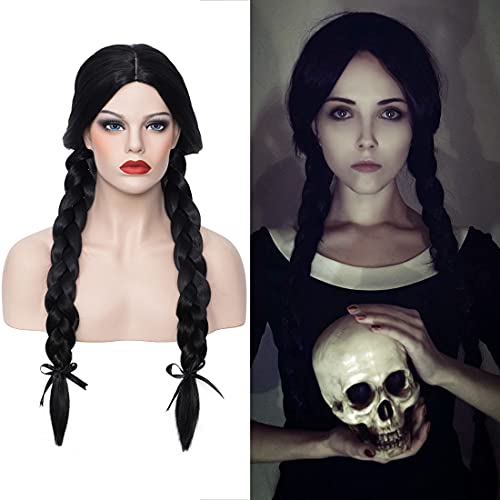 WGPFWIG Long Black Wig Straight Middle Braid Hair Wigs Natural Fashion Synthetic Wigs For Women Girl Cosplay Party Halloween Wig Cap Included (B&B)