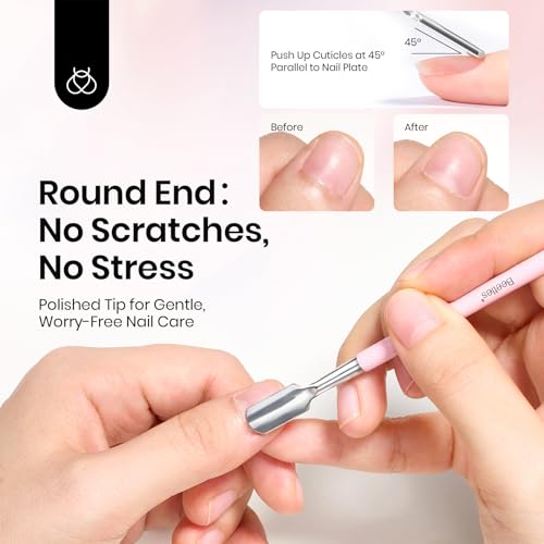 Image of Beetles Cuticle Pusher Dual Ended Cuticle Remover with Round End Push Back Cuticles Fork End Remove Lifted Cuticles Nail Prep Tool Stainless Steel Pink Two in One Dead Skin Nail Scraper