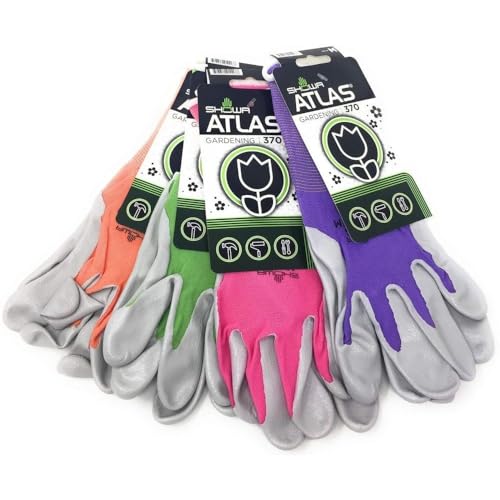 Showa Atlas 370 Garden Club Gloves. Assorted Colors - 4 Pack. Size Medium