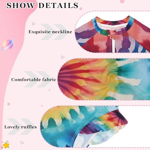 Girls One Piece Swimsuits Long Sleeve Swimsuit Zipper Bathing Suits Rainbow Tiedye V3