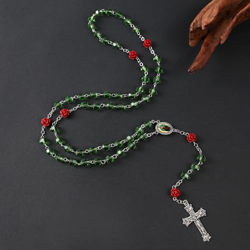 Our Lady of Guadalupe Rosary Beads Catholic for Women,Green Crystal Rosary with Red Rose,Virgin Mary Necklace Catholic Gifts Women,Rosarios Catolicos Para Muje3