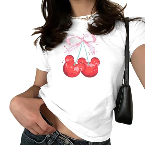 Pink Bow Cherries Shirt Women: Coquette Tops Clean Girl Aesthetic Shirts Casual Summer Short Sleeve Tshirt