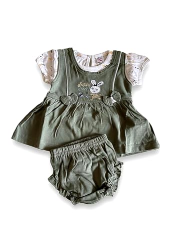 Image of Baby Girls Frock Dress with Bloomer Set | Short Sleeve Polka Dot Inner Layer & Bow Detail Special for 0-6 Months