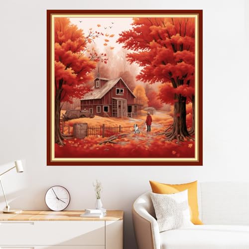 Image of Disxvivy Cross Stitch Stamped Full Embroidery Kits DIY 11CT Cotton Thread Printed DIY Needlepoint Kits Craft Needlework Set Cross-Stitch Stamped Sets-Late Autumn 18x18 inch