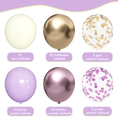 Image of Purple & Gold Balloons - 60pcs 12inch Metallic Lavender & Champagne Balloons with Confetti for Graduation, Wedding, Birthday & Anniversary Celebrations