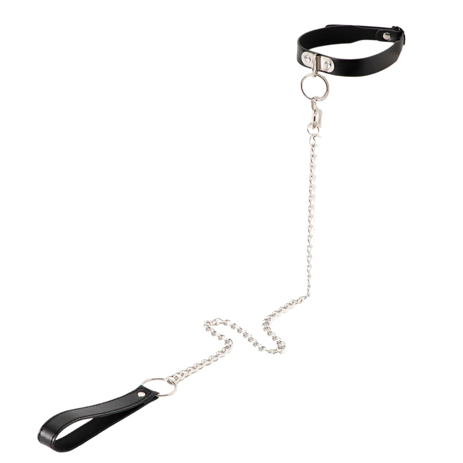 Mirweon Interactive PU Collar Chain Adjustable Neck Strap With Bells/O-Rings And Leash For Enhancing Intimacy Role Play O-Ring Leash Set