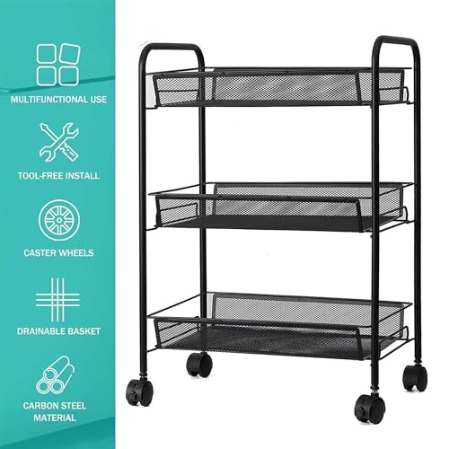 Image of Sulfar 3 Layer Multi Purpose Stainless Steel Rotating Kitchen Trolley Space-Saving Fruits Vegetables Storage Rack Organizer (Black)