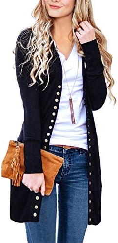 MEROKEETY Women's Long Sleeve Snap Button Down Solid Color Knit Ribbed Neckline Cardigans Black