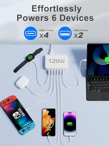 Image of Otovoda 120W USB C Charger Block, 6 Port USB Charging Station for Multiple Devices, 5FT Desktop Multi Charging Hub Compatible with iPhone Samsung ipad, for Travel Home Office