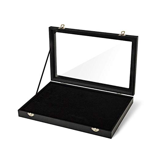 Leogreen - Boite à Bijoux, Coffret à Bijoux, Présentoir à Bijoux avec Couvercle en Verre, Boîte a Bague pour 100 Bagues, Boucles d’Oreilles et Boutons de manchette, Noir