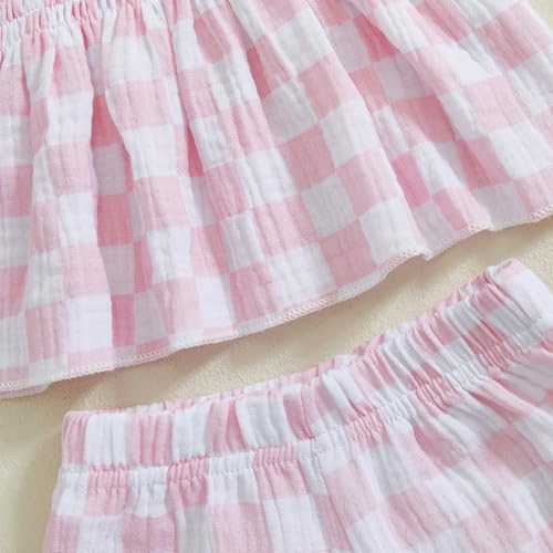 Image of Thorn Tree Toddler Girl Clothes Plaid Printed Sleeveless Pleated Camisole Linen Pants Set Baby Summer Outfits