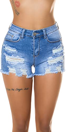 Koucla Used Look High Waist Jeans Shorts mit Löcher 36, Blau