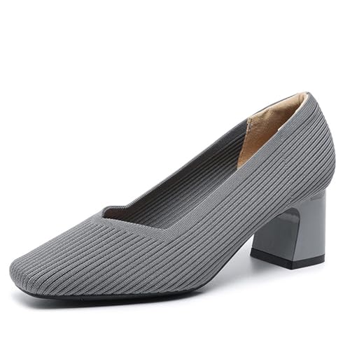 Women's Knit Square Toe Chunky Heel Dress Pump Mesh Breathable Slip On Mid Block Heel Formal Business Office Shoes Daily Non-Slip Soft Casual Shoes