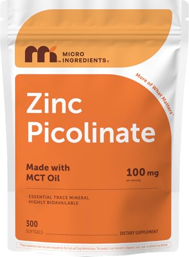Micro Ingredients Zinc Picolinate 100 mg Per Serving 300 Softgels | Zinc Supplement for Women & Men | Made with MCT Oil | Non-GMO