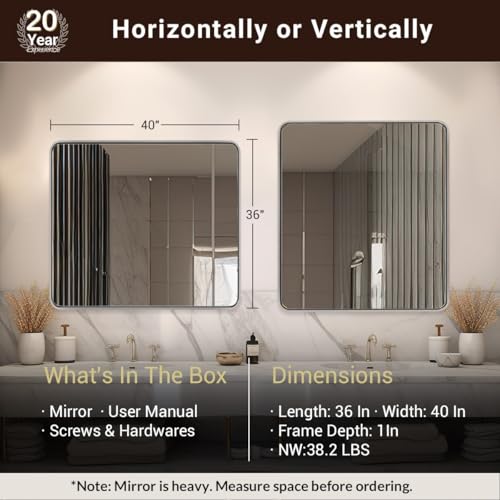 Image of ANDY STAR 40x36 Inch Chrome Bathroom Mirror, Chrome Vanity Mirror for Wall, Rounded Rectangle Mirror, Anti-Rust SUS304, Seamless Tube Metal Frame, 1'' Deep Wall Mounted Vertically /Horizontal
