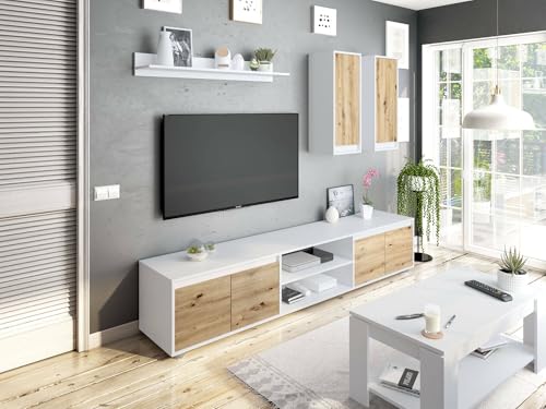 Dmora - Parete attrezzata Wells, Set da soggiorno, Mobile salotto multiuso, Composizione per salotto moderno, 200x40h114 cm, Bianco e Rovere
