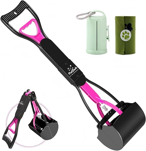 PetBods 60cm Foldable Dog Poo Scoop with Clip-On Bag Holder – Durable Long-Handle Pooper Scooper for Easy Waste Pick-Up on Grass or Gravel – Includes 1 Roll of Bags (Pink)