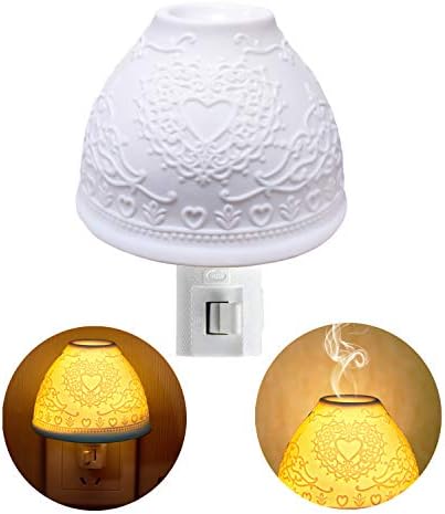 Night Lights Plug in, Kimfly Ceramic Art Night Light Wall Night Light with Essential Oil Aromatherapy Furnace and Incandescent Bulb, Suit for Bedroom, Living Room, Hallway (Heart 2(Gift-Set))