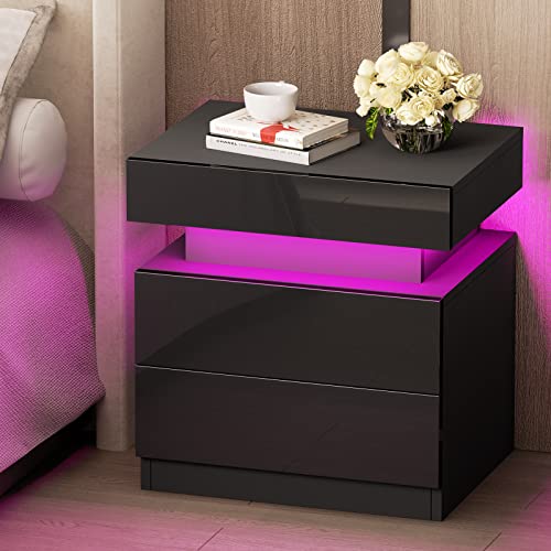 Nightstand with LED Lights, 2 Drawers and 1 Flapping Top Storage Box, Black Night Stand for Bedroom, Modern Bedside Table with High Gloss Panel, Darknight Black
