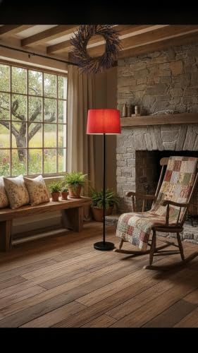 Image of Modern Floor Lamp with Fabric Shade, Metal Base, (Red)