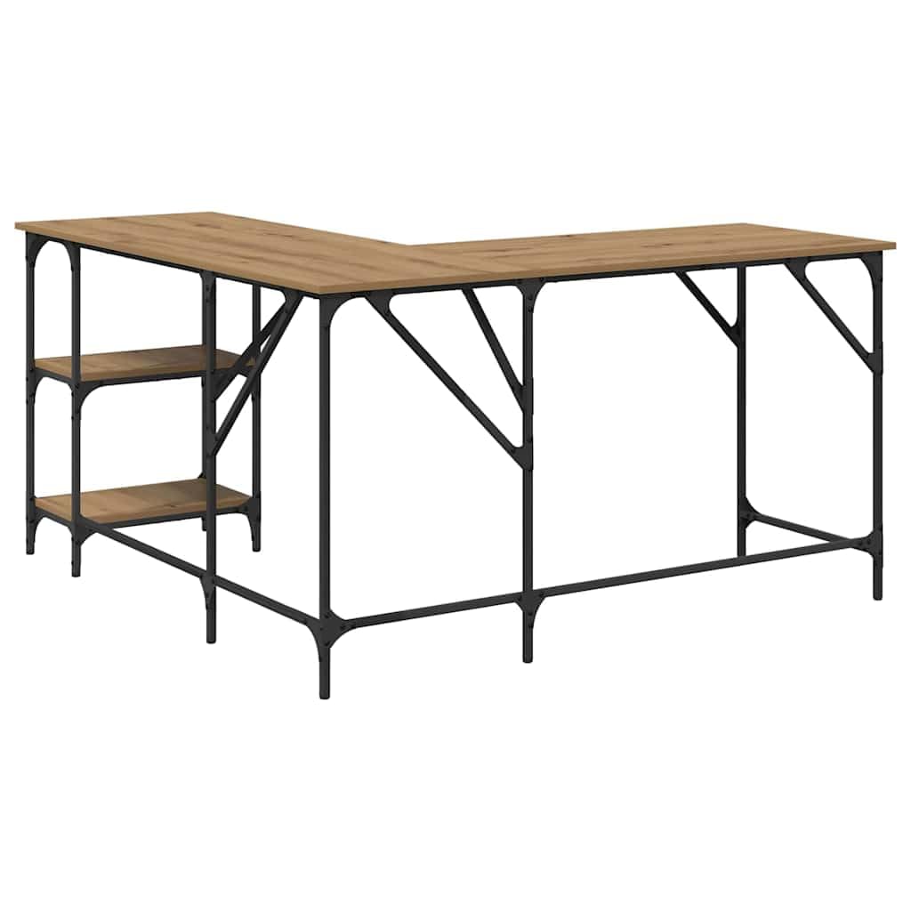 Scrivania Artisan in legno di quercia con gambe in acciaio, 139 x 139 x 75 cm, scrivania da ufficio a forma di L, per lavoro a casa e gioco, con ripiani regolabili e spazio di archiviazione