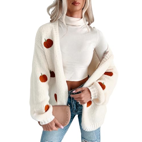 Women Pumpkin Embroidery Sweater Cardigan Open Front Loose Casual Pattern Knit Long Cardigans Coats Holiday Sweater