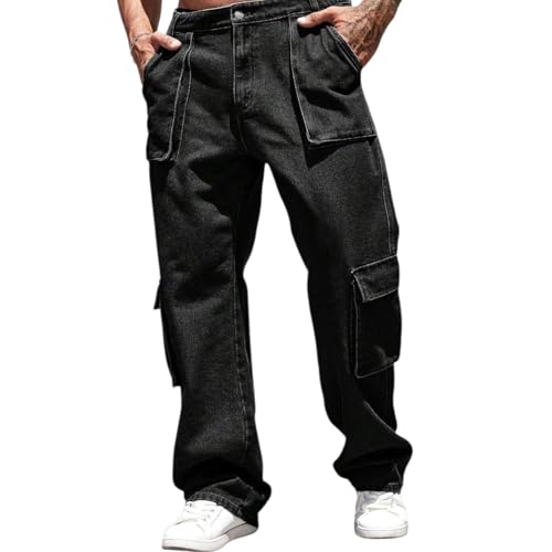 Men's Cargo Denim Jeans, Wide Leg Loose Fit, Blue, Multi-Pocket Design, Casual Streetwear Style, Relaxed Workwear