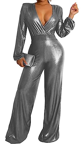 ZonJie Sparkly Jumpsuits for Women Dressy Formal Plus Size Long Sleeve Sequin Party Rompers Sexy V Neck Wide Leg Pants Suit