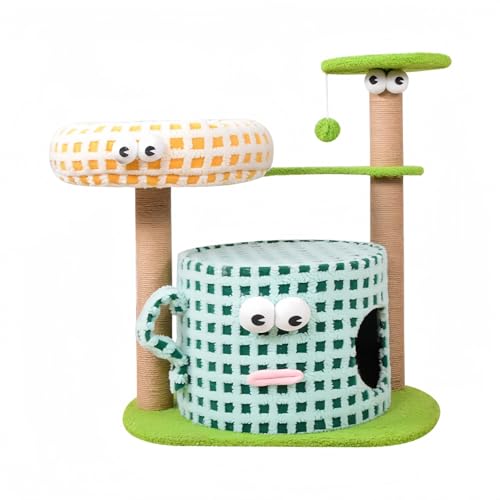 NUOMIE キャットタワー、猫タワー、猫 ベッド、猫爪とぎ、猫 おもちゃ、独立式、クッションベッド、高齢猫、足の短い猫、安定、猫つかみ柱、サイザル麻、遊楽区、低身長、かわいい造形、省スペース、猫用品 (A,グリーン)