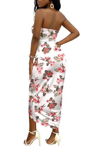 Image of Umenlele Women's Strapless Ruched High Waist Wrap Split Asymmetrical Beach Maxi Long Dress