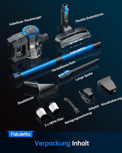 416ZeCgT3BL FABULETTA Aspirateur sans fil 6 en 1 jusqu'à 50 minutes d'autonomie, léger, avec écran LED et brosse anti-nœuds, pour tapis, sols durs et poils d'animaux, bleu