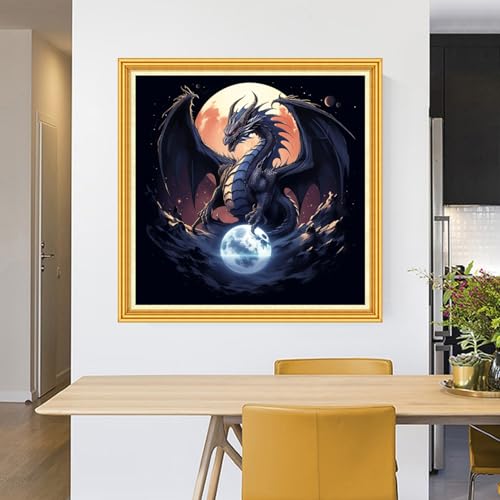 Image of Foxhool Stamped Cross Stitch Kits,11CT Printed Cross Stitch Pattern Full Embroidery Kits for Beginner Needlepoint Kits-Moon Dragon 18x18 inch