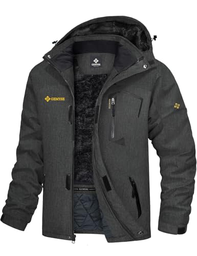 GEMYSE Herren Skijacke Winddichte Wasserdichte Fleece Winterjacke mit Kapuze für Outdoor(Graphitgrau,XL)