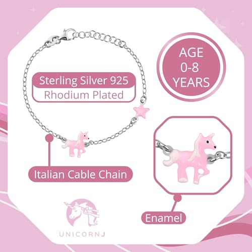 UNICORNJ Sterling Silver 925 Bracelet for Girls Trotting Unicorn and Star with Enamel 6.25"3