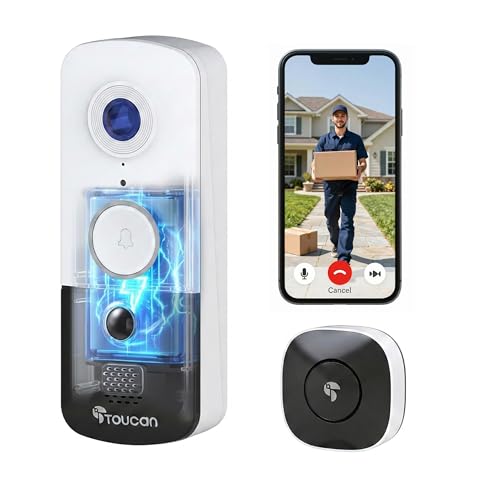 TOUCAN Doorbell Camera, Video Doorbell with Chime, 2-Way Talk, 2.4Ghz WiFi, Night Vision, PIR Motion Detection, Compatible with Alexa and Google Assistant, Indoor Outdoor Surveillance