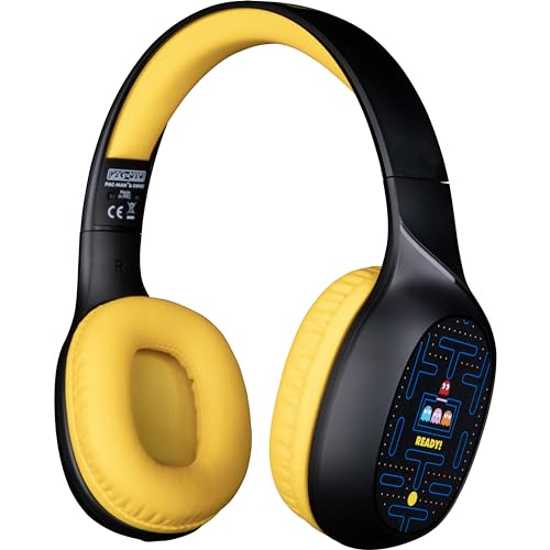 Konix Pac-Man Casque Audio sans Fil Bluetooth 5.3 pour Smartphones et tablettes - Autonomie 30 h - Câble Jack 3,5 mm - Noir et Jaune