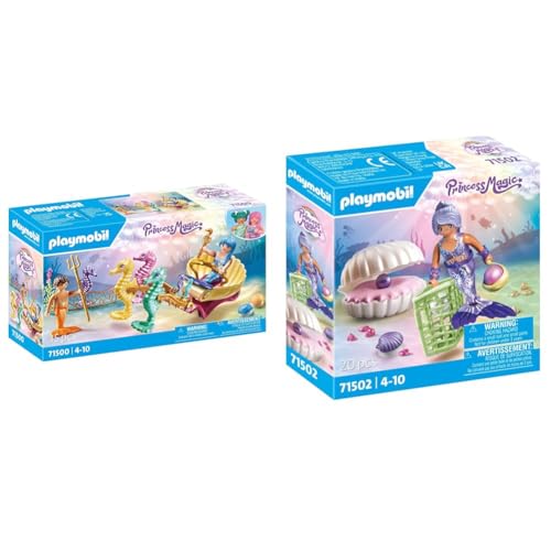 PLAYMOBIL Princess Magic 71500 Meeresbewohner mit Seepferdchenkutsche & Princess Magic 71502 Meerjungfrau mit Perlmuschel