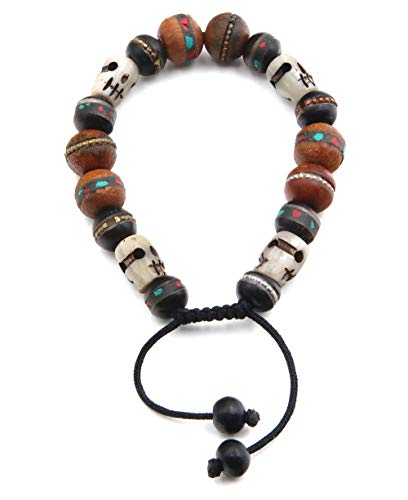 Buddha Groove Handmade Adjustable Tibetan Skull Buddhist Bracelet with Carved Wood and Bone Beads | Crafted in Nepal
