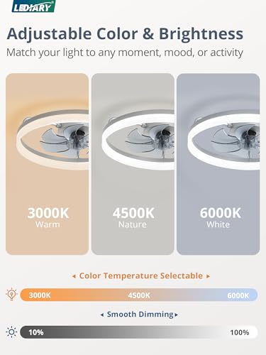 Image of LEDIARY Ceiling Fans with Lights, 20 inch Low Profile Flush Mount Ceiling Fan, Dimmable LED, APP & Remote Control, Quiet Reversible DC Motor, 6 Speeds, Fandelier for Bedroom, Grey
