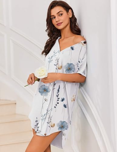 Image of Ekouaer Women V Neck Button Down Nightgown