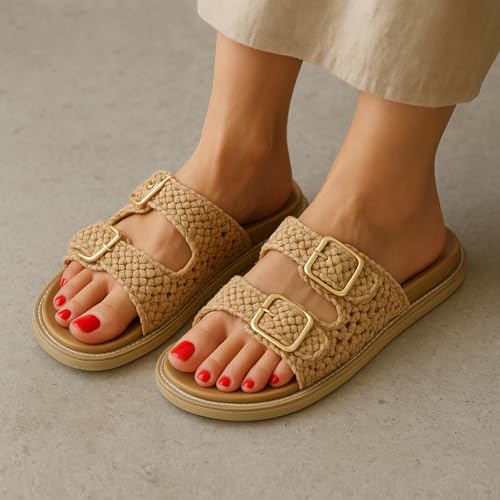 CUSHIONAIRE Weaver Summer Sandals for Women - Shiny Raffia Woven Slip On Womens Slides with Adjustable Buckle3