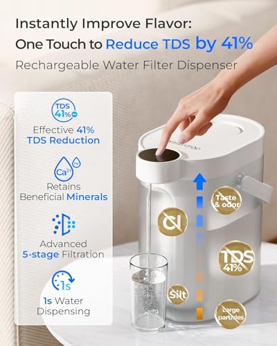 Waterdrop TDS Reduction Rechargeable Water Filter Dispenser, Retain Key Minerals, Instantly Improve Flavor, 15-Cup 5-Stage Portable Countertop Water Filtration System with 1 Filter, White