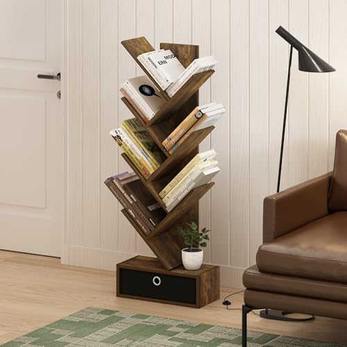 Image of Furinno Tree Book Shelf, 7-Tier Bookshelf, Tree Bookcase with Bin Drawer, 8.4 x 16.9 x 46.2, for Living Room, Bedroom, Home Office, Amber Pine /Black