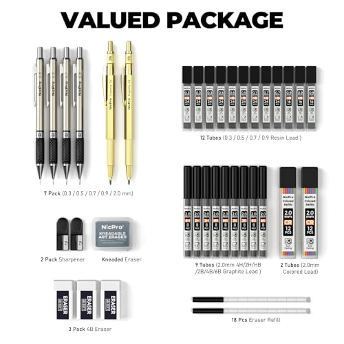 Image of Nicpro Mechanical Pencil Set 37pcs 4pcs Metal Drawing Pencils 0.3 /0.5 /0.7 /0.9mm and 2pcs 2mm Lead Holder (6B 4B 2B HB 2H 4H) School Supplies Sketching Drawing with 23 Refills