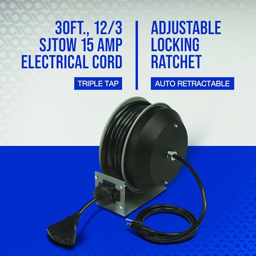 Strongway Heavy-Duty Retractable Extension Cord Reel - 30ft. 12/3, Triple Tap